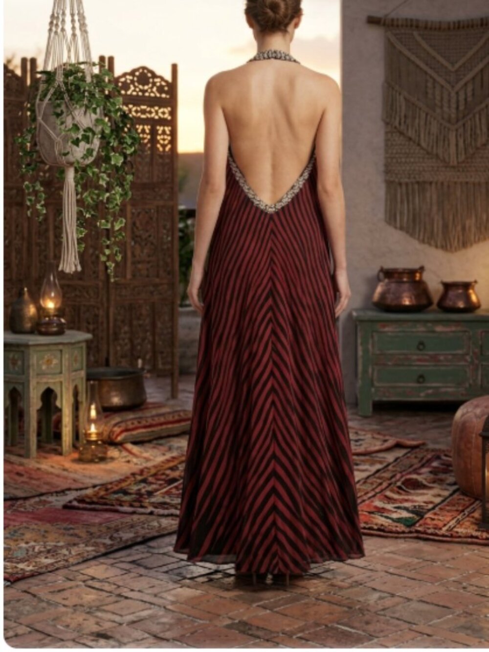 1 STATE Boho Burgundy Mixed Stripe Halter Maxi Dress Chain Accent XL